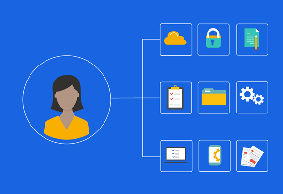 Person in circle with cloud icon, cogs icon, folder icon, laptop icon, lock icon, paper icon, list icon on the right