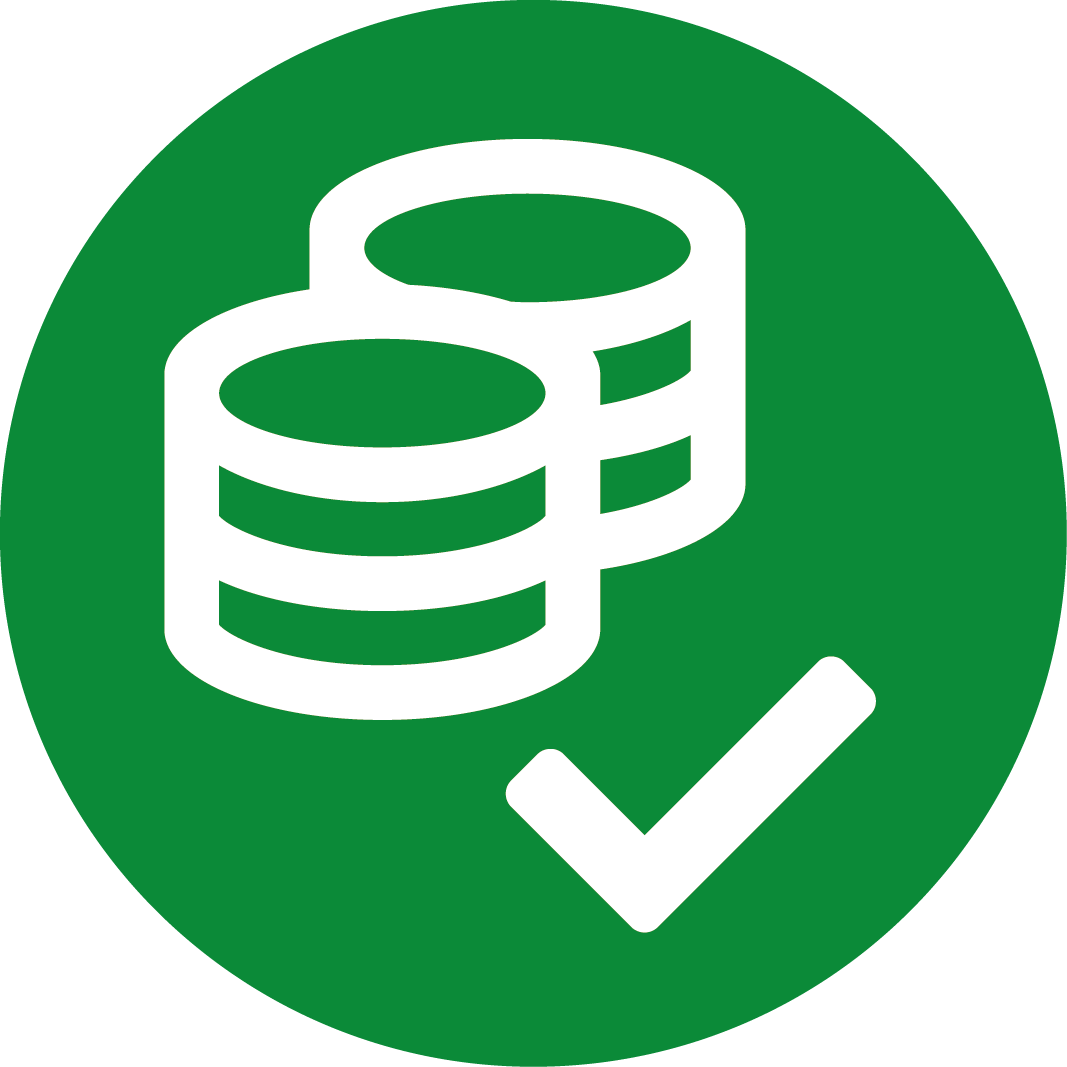 Coins and a tick on a green circle background 